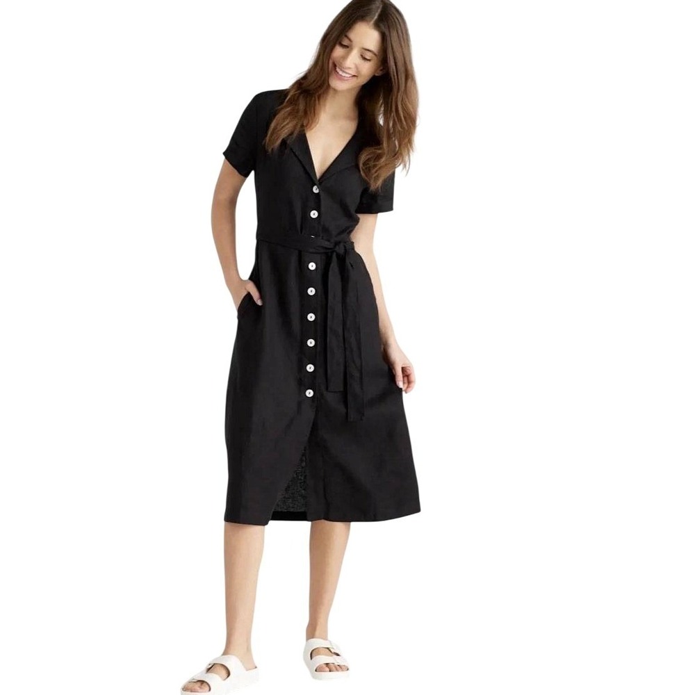 Quince Women's 100% Linen Tie Waist Collared Button-Front Midi Dress Black Sz L